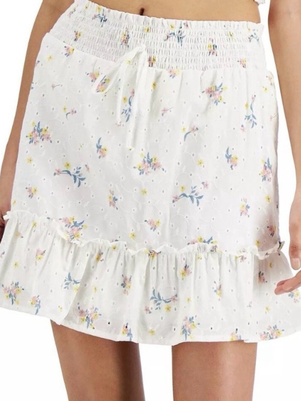 Kingston Grey White Floral Eyelet Ruffle Mini Skirt